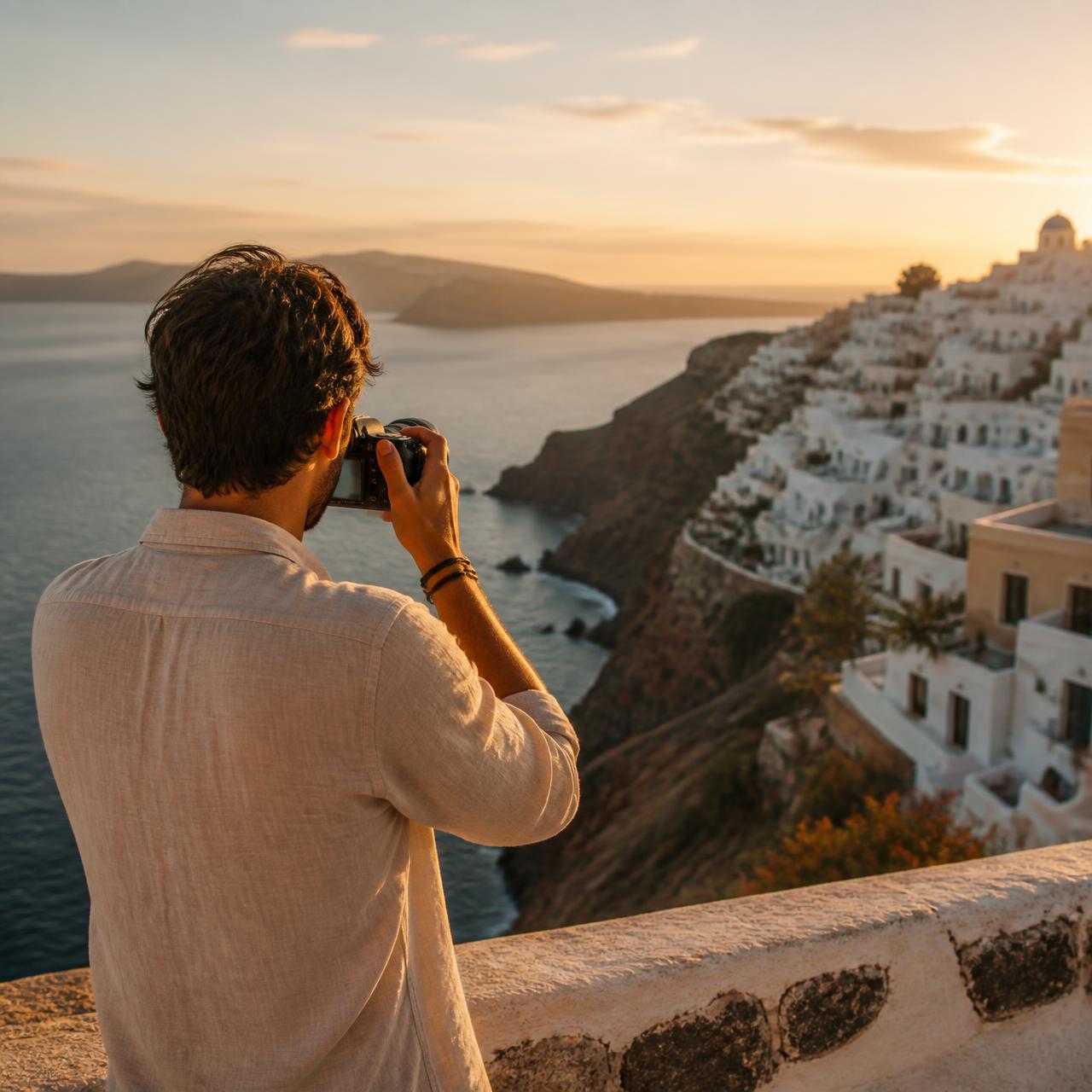 A travel creator photographing a Mediterranean coastline at sunset