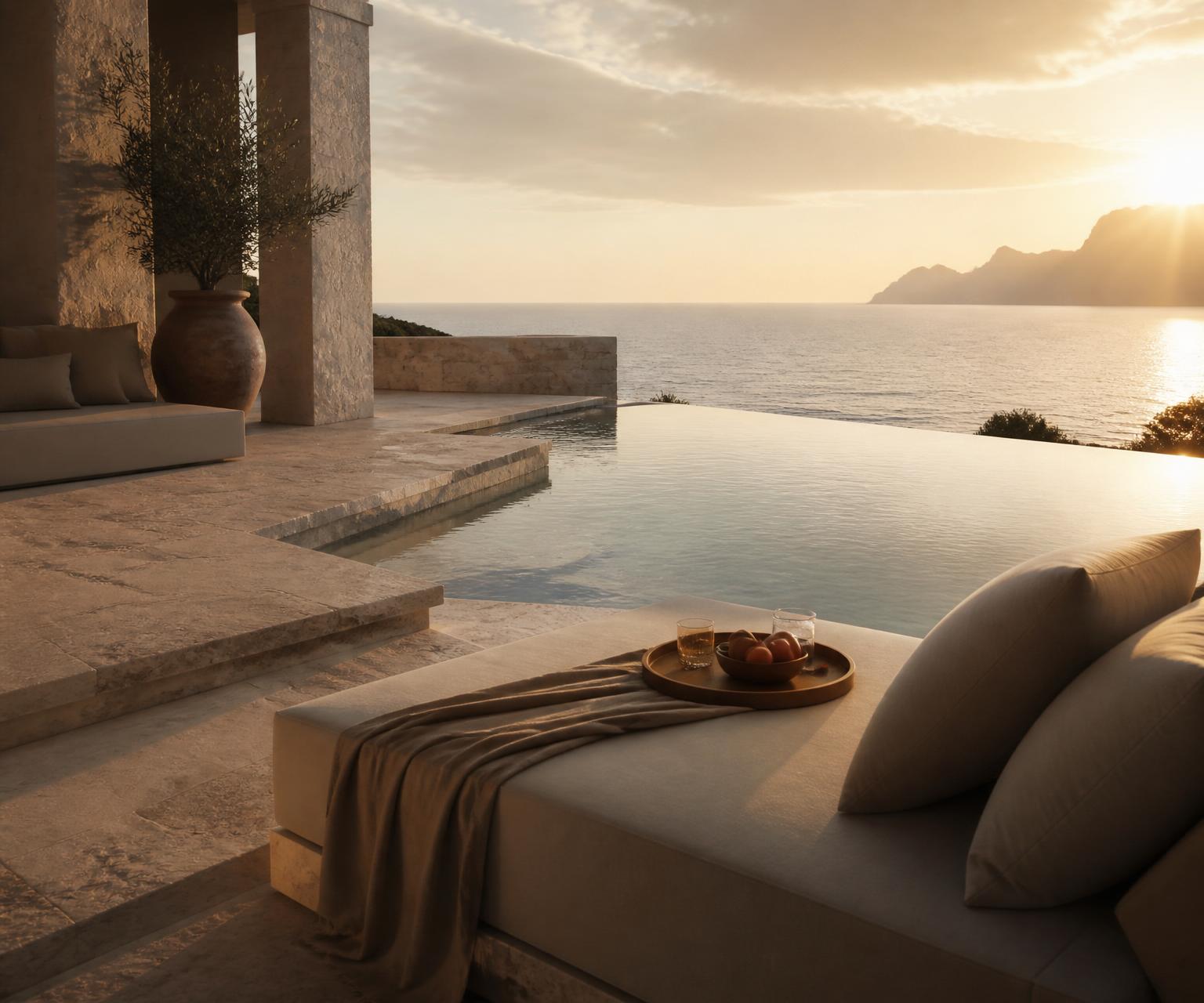 Coastal luxury terrace at golden hour overlooking the Mediterranean